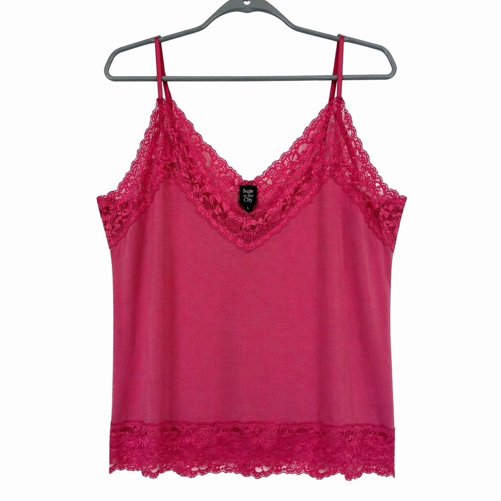 Suzie In The City Lace Trim Camisole Pink Sleeveless Spaghetti Strap L